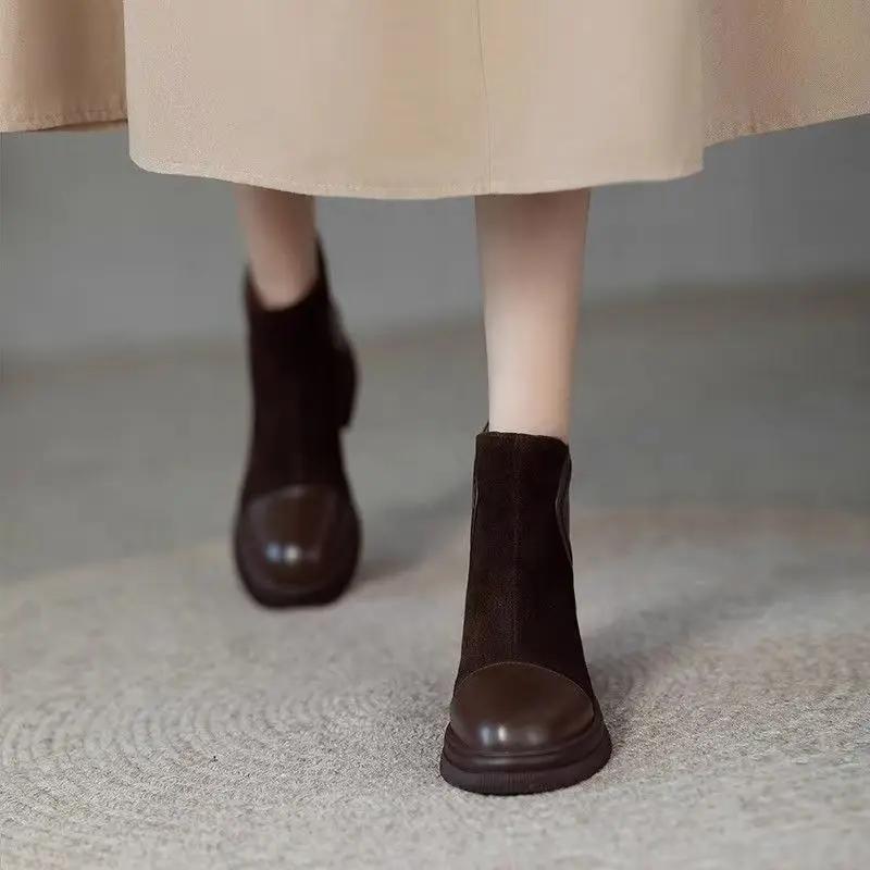 Fashion Booties Soft Round Toe Retro Style Female Short Shoes Height Increasing Large Size Warm Autumn High Quality Women's Ankle Boots