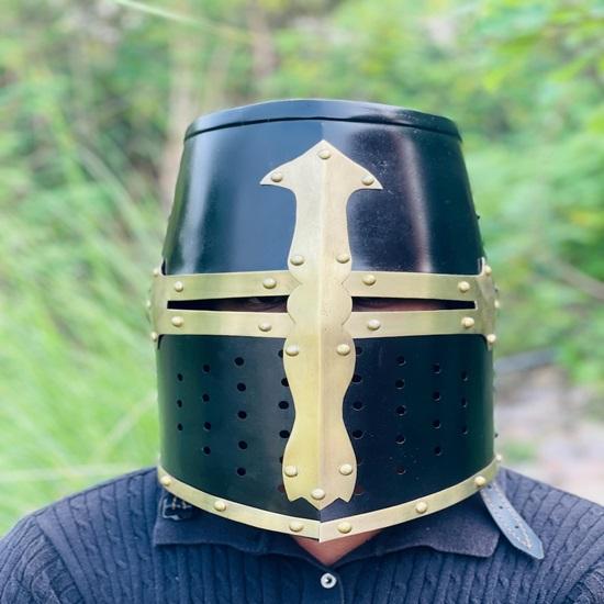 Medieval Black Brass Crusader Templar Helmet Steel Brass Knight Armor Cosplay Helmet LARP Reenactment Gear Collectibles Gift