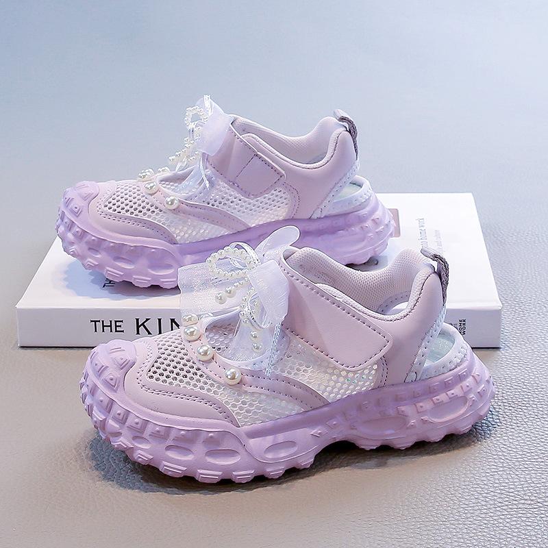 Summer new children's frame shoes girls pearl bow sports sandals single mesh breathable princess training shoes
