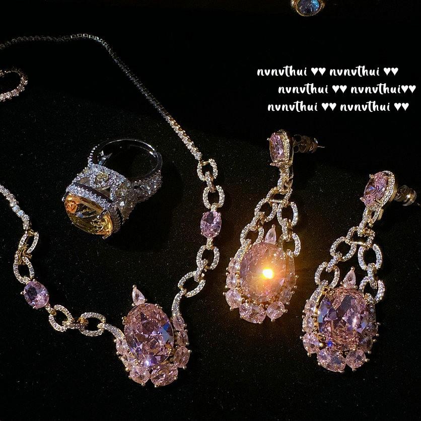 Papalacha Pink Water Drop Gemstone Chain Earrings, Princess On The Run, Plated With 18K Gold Rainbow Flower Zircon Earrings.