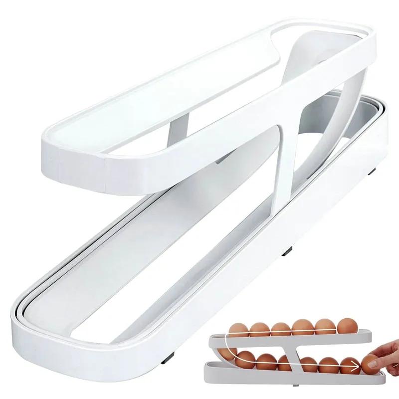Automatic Scrolling Egg Rack Holder Storage Box Egg Basket Container Organizers Rolldown Refrigerator Eggs Dispenser For Kitchen