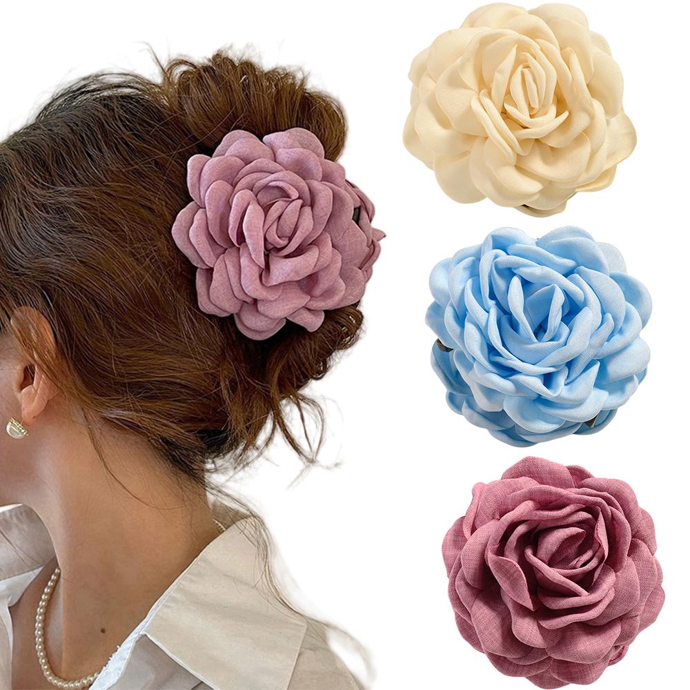 2/3 PCS New Solid Color Fabric Rose Flower Hair Claw for Women Girls Barrette Elegant Shark Clips Set Headwear Accessories Gifts