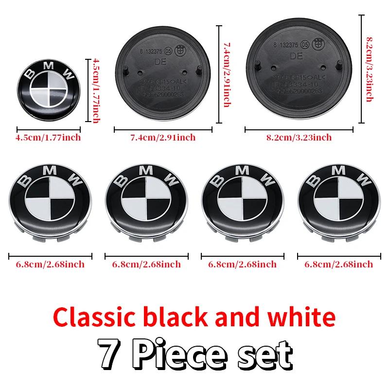 Car Black White BMW Logo Front Hood Emblem 82mm Rear Badge 74mm Wheel Hub Cap 56mm 68mm steering wheel sticker 45mm Accessories WS4