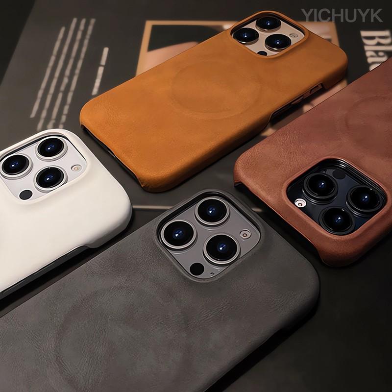 Magsafe Wireless Charging Retro Leather Phone Case For iPhone 16 12 13 14 15 16 Pro Max Plus Magnetic Bumper Cases Cover