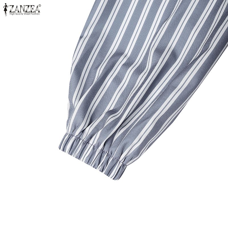 ZANZEA Women Casual Round Neck Long Sleeve Stripe Splice Loose Long Dress