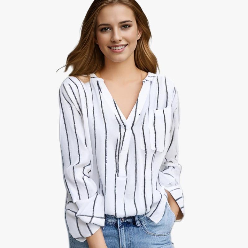 Semplice ed elegante camicia a righe stampata da donna a maniche lunghe taglie forti casual camicetta da donna vintage con bottoni e colletto rovesciato camicette da donna top 24661