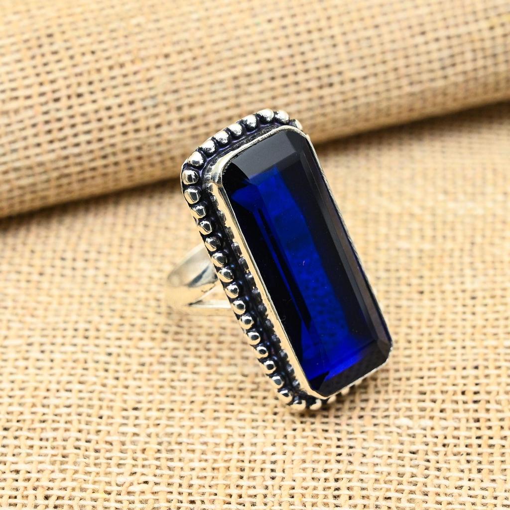 Blue Sapphire Lab-Created Gemstone Handmade 925 Solid Sterling Silver Ring Pendant