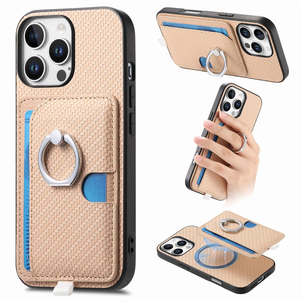 For iPhone 16 Pro Case Ring Kickstand Leather Back Cover with Magnetic Detachable Card Holder