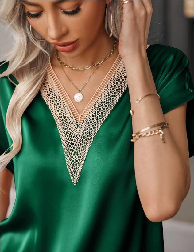 2026 Elegant Lace V-neck Solid Color Short Sleeve Women's T-shirt