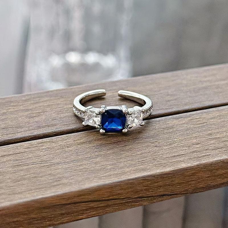 New Niche Light Luxury High Sense Sea Blue Zircon Super Fairy Open Ring Simple Fashion Jewelry Women