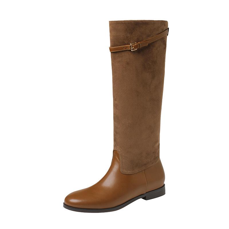 Leather Maillard Tall Knight Boots Women's Sweet and Cool Splicing Boots 2025 Autumn and Winter Retro Round Head Flat Boots