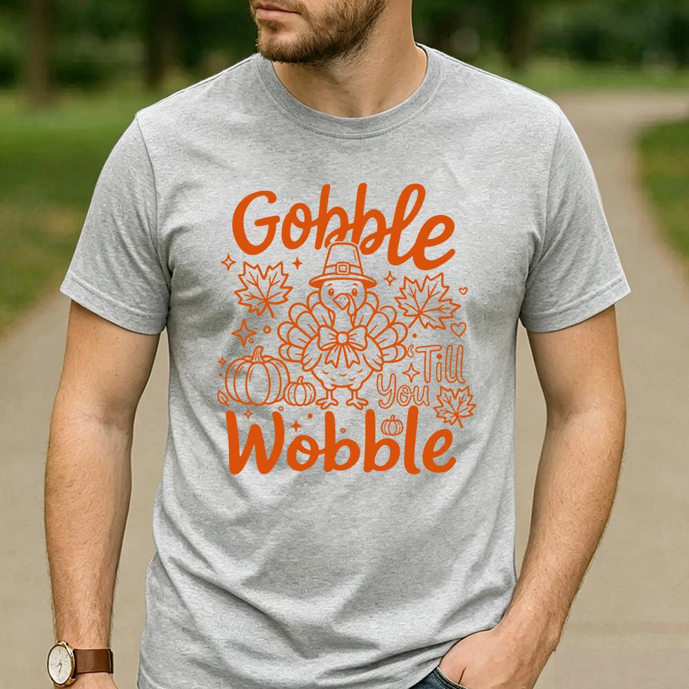 Gobble Till You Wobble Line Art Pilgrim Turkey Pumpkin Maple Leaf Graphic T Shirt Unisex Cotton Funny Thanksgiving Casual Tee