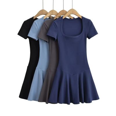 Sports One-Piece Square Neck Short Sleeved Dress For Women'S Early Autumn New Sexy Ballet Style High Waisted Pleated Skirt Short Skirt