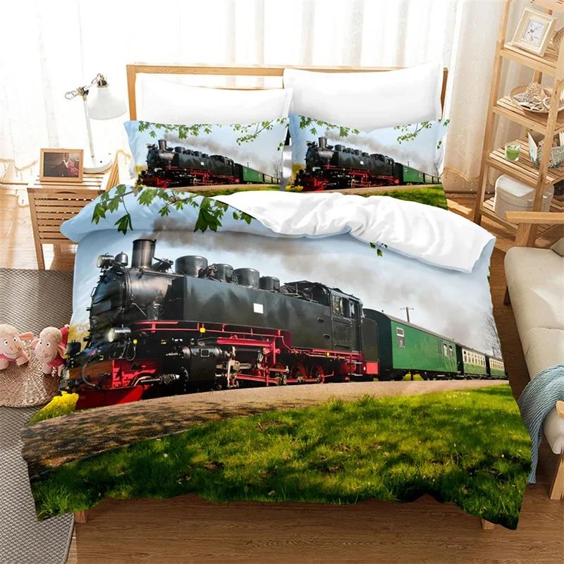 Funda Nórdica Tamaño Completo Trenes para Niños Juego de Cama de Locomotora de Vapor Microfibra 3D Vehículos Ferroviarios Cubierta de Edredón para Decoración de Habitación de Niños Adolescentes