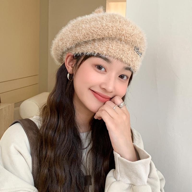 Autumn and winter new hats women's diamond-encrusted alphabet knitted wool beret winter warm pumpkin hat tide