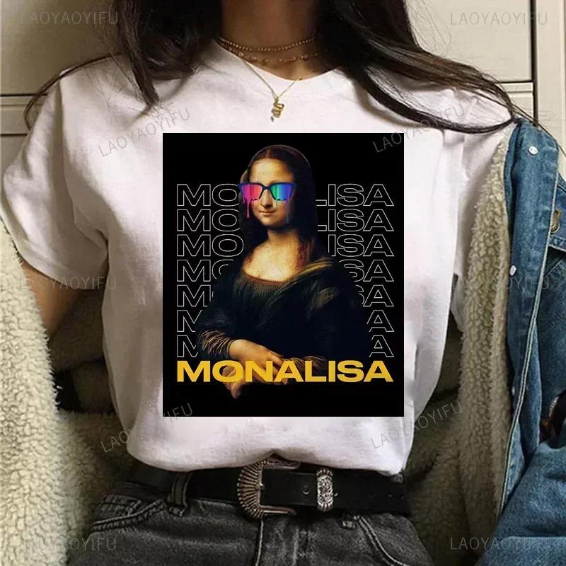 Vintage Humor Mona Lisa Print Women Fashion Top Funny Rose Mona Lisa T-Shirt Classic Camise Breathable Short-sleev