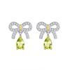 S925 Sterling Silver Sweet Cool Wind Natural Crystal Stone Stud Earrings Bow Simple Temperament Love Earrings Women Jewelry Gift