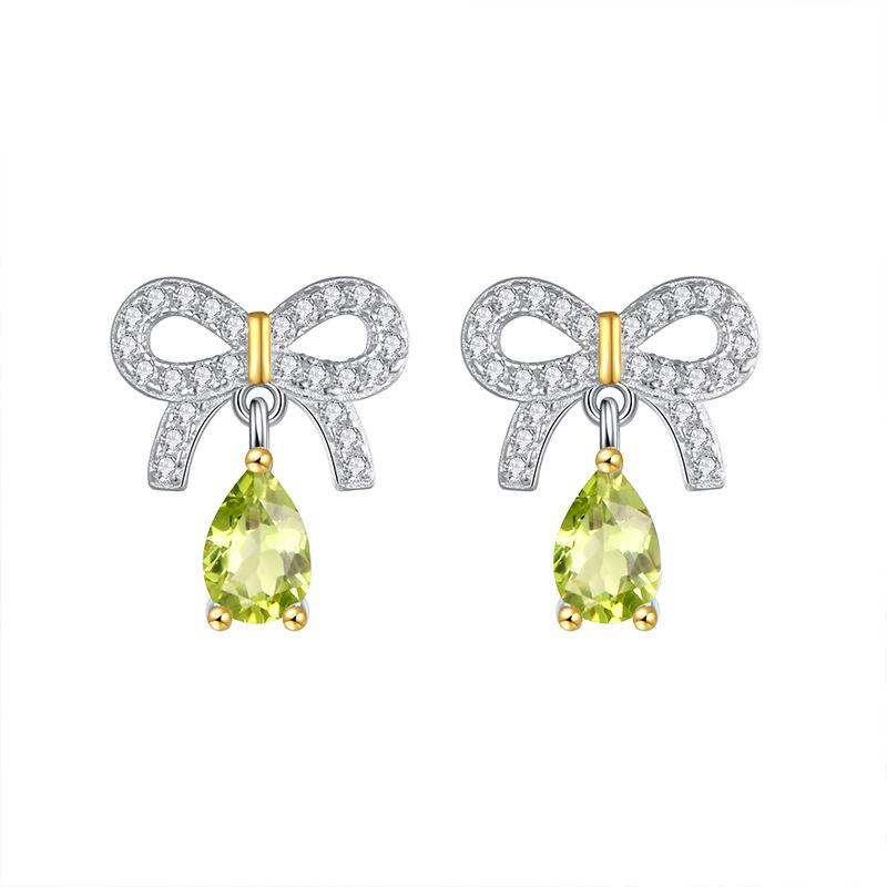 S925 Sterling Silver Sweet Cool Wind Natural Crystal Stone Stud Earrings Bow Simple Temperament Love Earrings Women Jewelry Gift