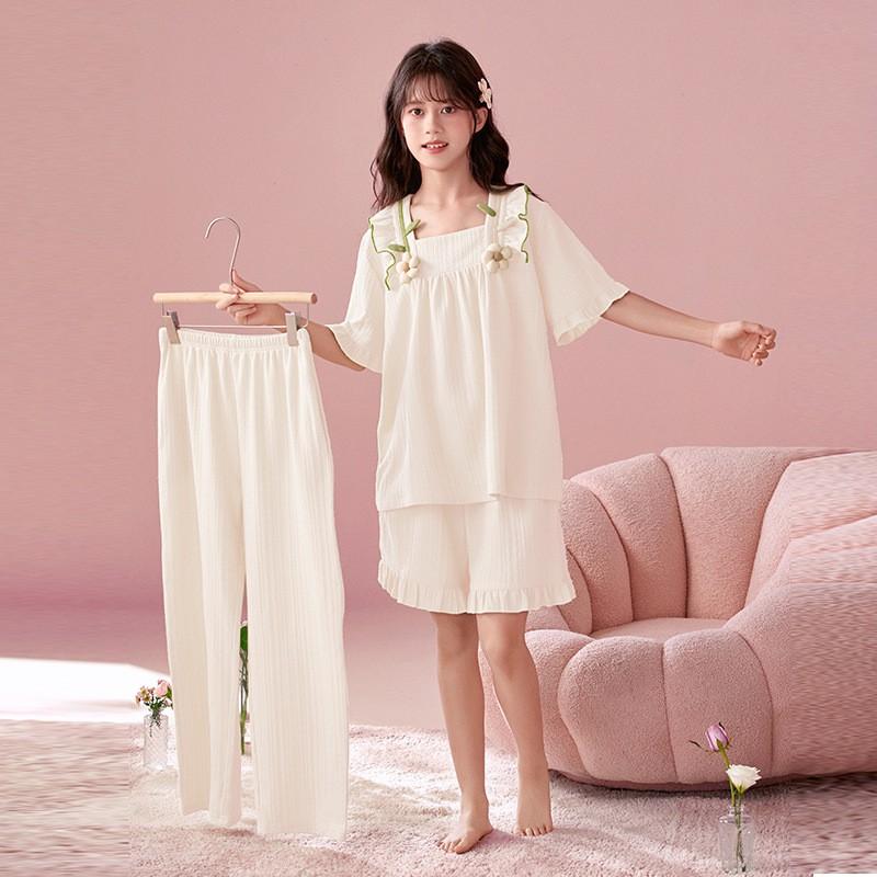 Girls Cotton Pajama Set Short Sleeve Princess Style Sleepwear Kids 8 Years Lightweight Home Wear