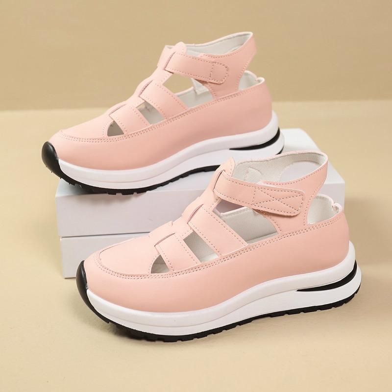 Women’s Breathable Cutout Wedge Sneakers, Thick Sole, Velcro Strap, Hidden Heel, Casual Summer Wear
