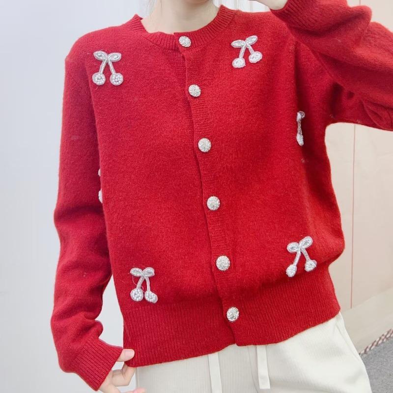 Early Spring New Heavy Industry Pearl Cherry Age Reduction Hundred Cardigan Outside with Knitted Sweater