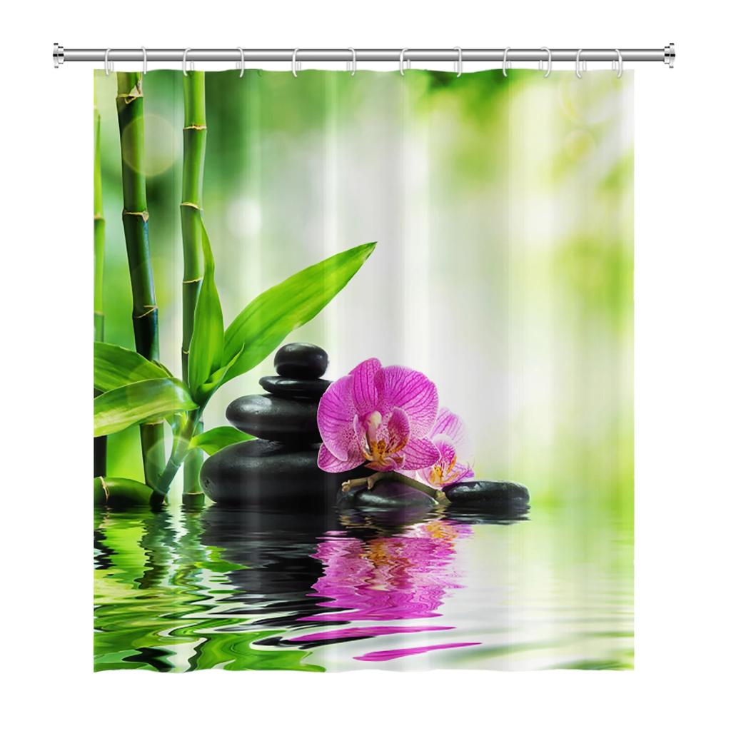 Zen Shower Curtains Spa Lotus Japanese Meditation Basalt Stones Herbal Oil Scent Candles Bamboo Water Home Bathroom Decor Hooks