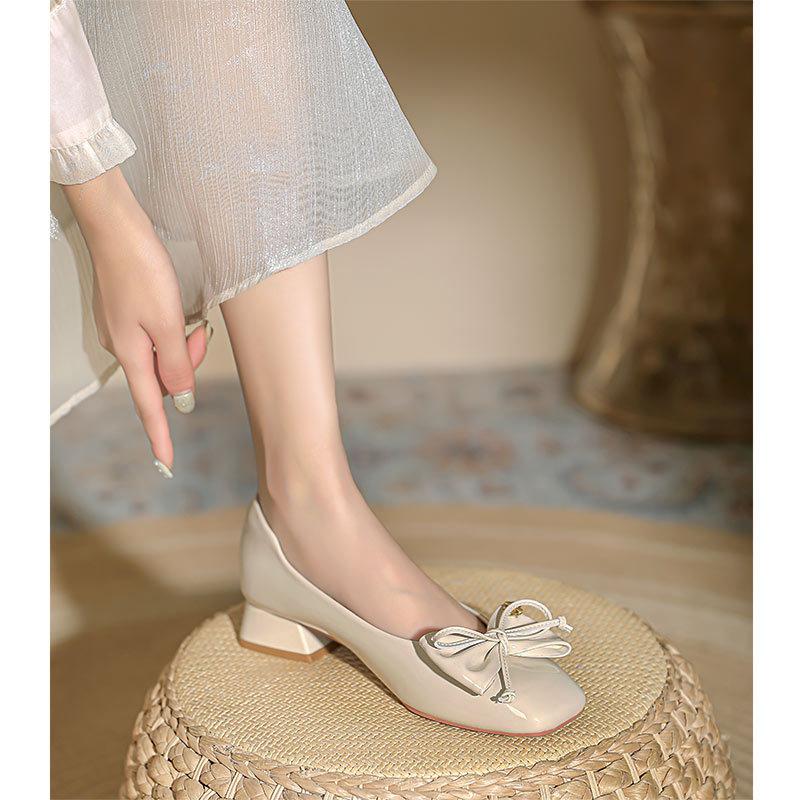 Customized~ Low-heeled single shoes women's 2025 new women's shoes red wedding shoes bow French square head thick-heeled high heels