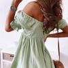 Sexy Slit Neck Dress Women Short Sleeve Summer Pleated Puff Sleeve Open Back Party Beach Dresses Female Elegant Solid Knee Length Dress