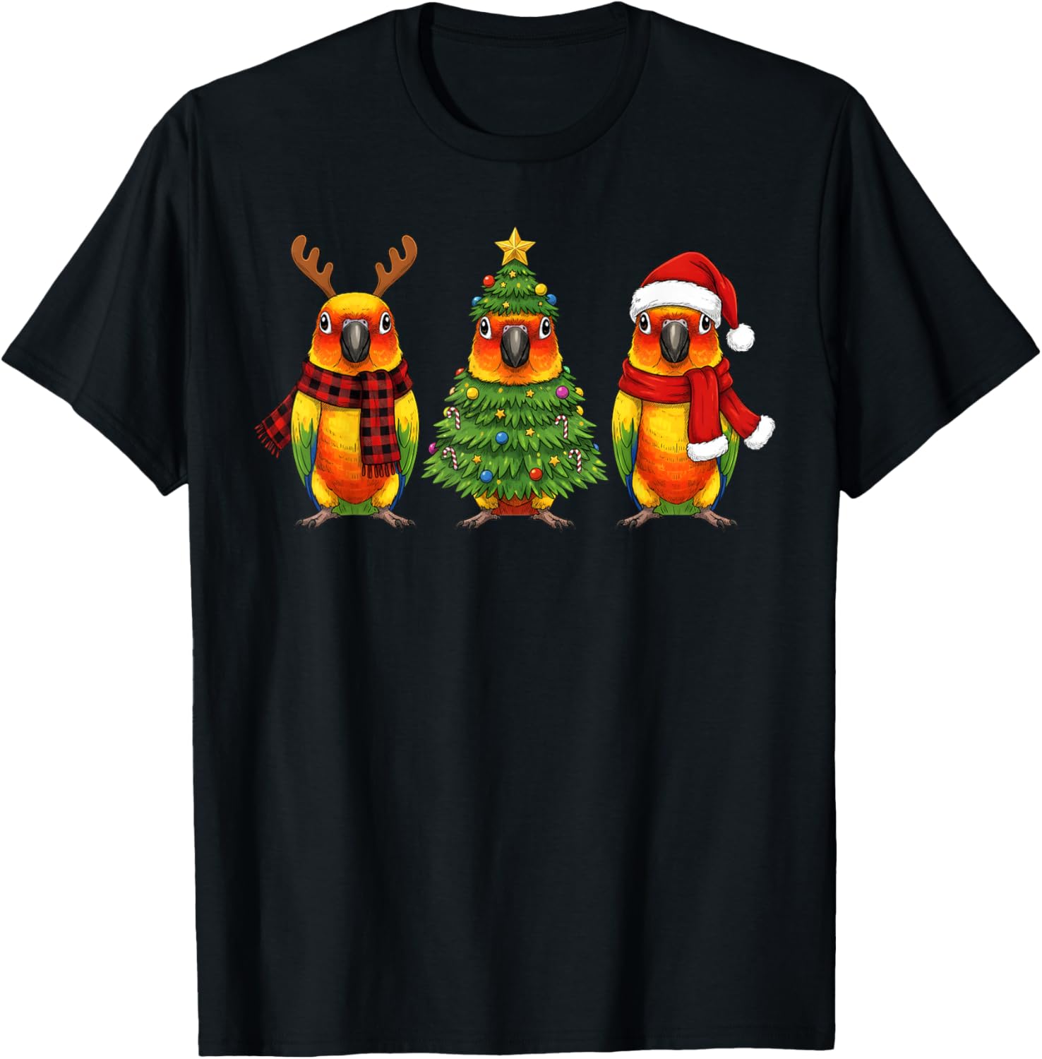 

Conure Parrot Christmas Tree Santa Reindeer Graphic Tee Men Casual Cotton Short Sleeve T-Shirt 4XL