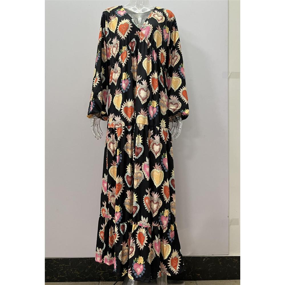 Damen Langarm V-Ausschnitt Locker Lang Bedruckt Übergröße Kleid Kleidung Verkauf