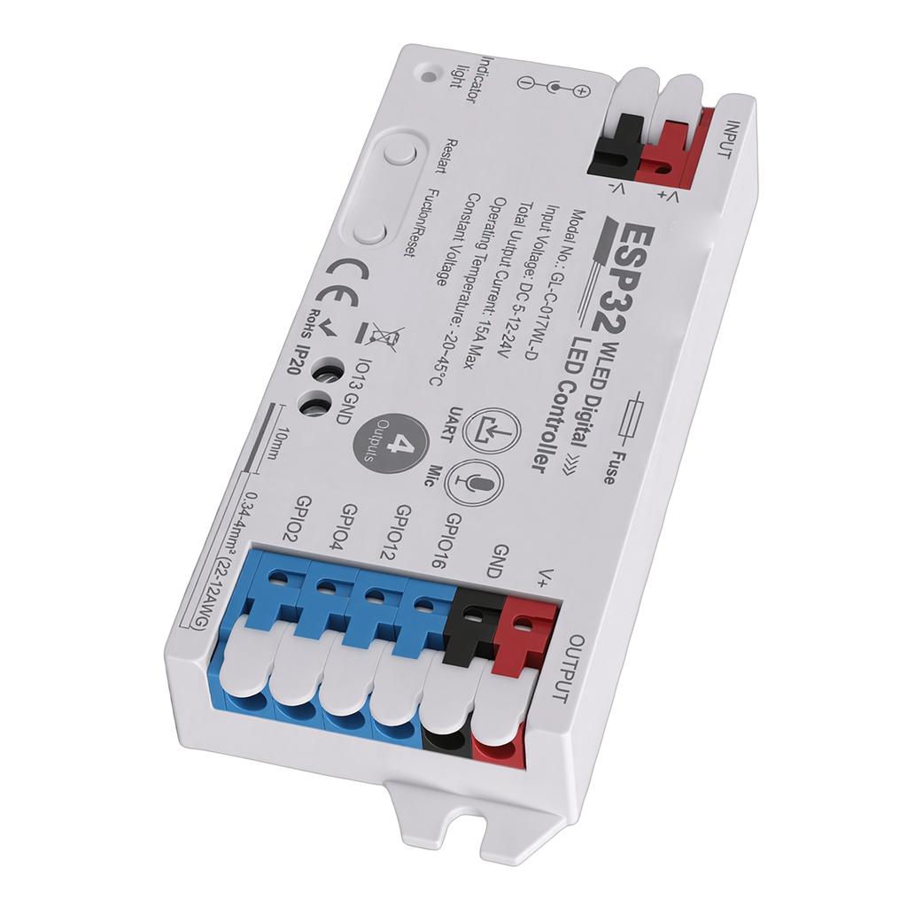 Digitaler LED-Streifen-Controller mit Mikrofon 15A Sicherung Typ C UART Download-Port Bis zu 800 LED-Perlen anschließbar 4-Kanal-Ausgang