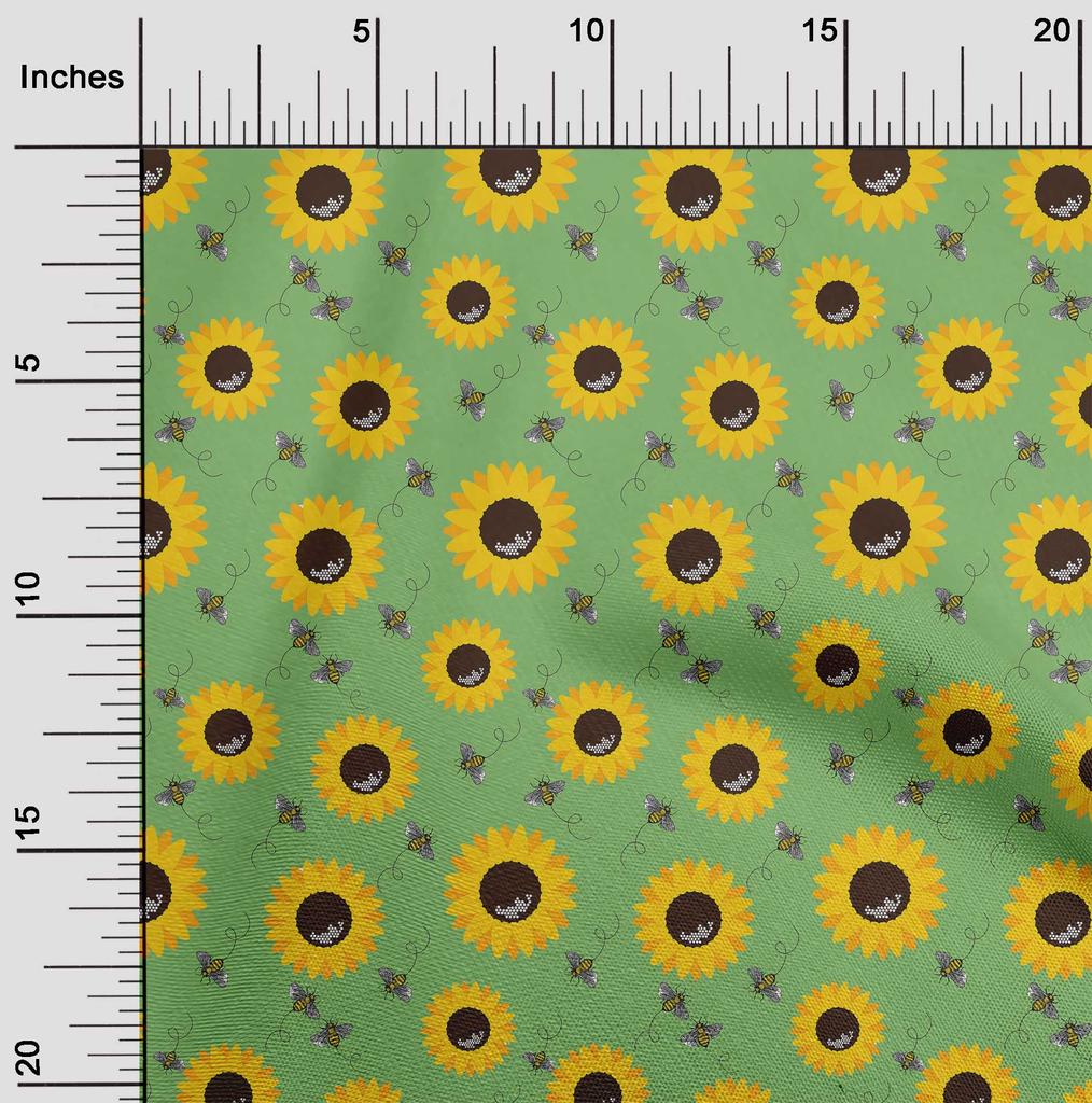oneOone Cotton Flex Green Fabric Floral Sunflower With Honey Bees Sewing Material Print Fabric By The Yard 40 Inch