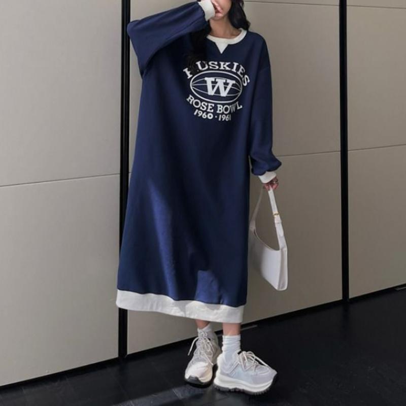 Autumn Winter Fashion Print Letter Fleece Long Dresses Women Round Neck Loose Casual Versatile Warm Simple Long Sleeve Dress