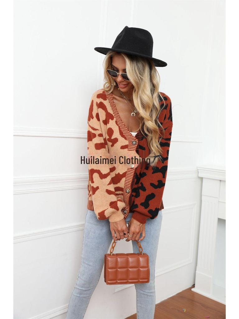 European & American Leopard Print Knitted Cardigan: Autumn/Winter, Mid-Length, Round Neck, Single-Breasted, Streetwear Style, Plus Size Sweater