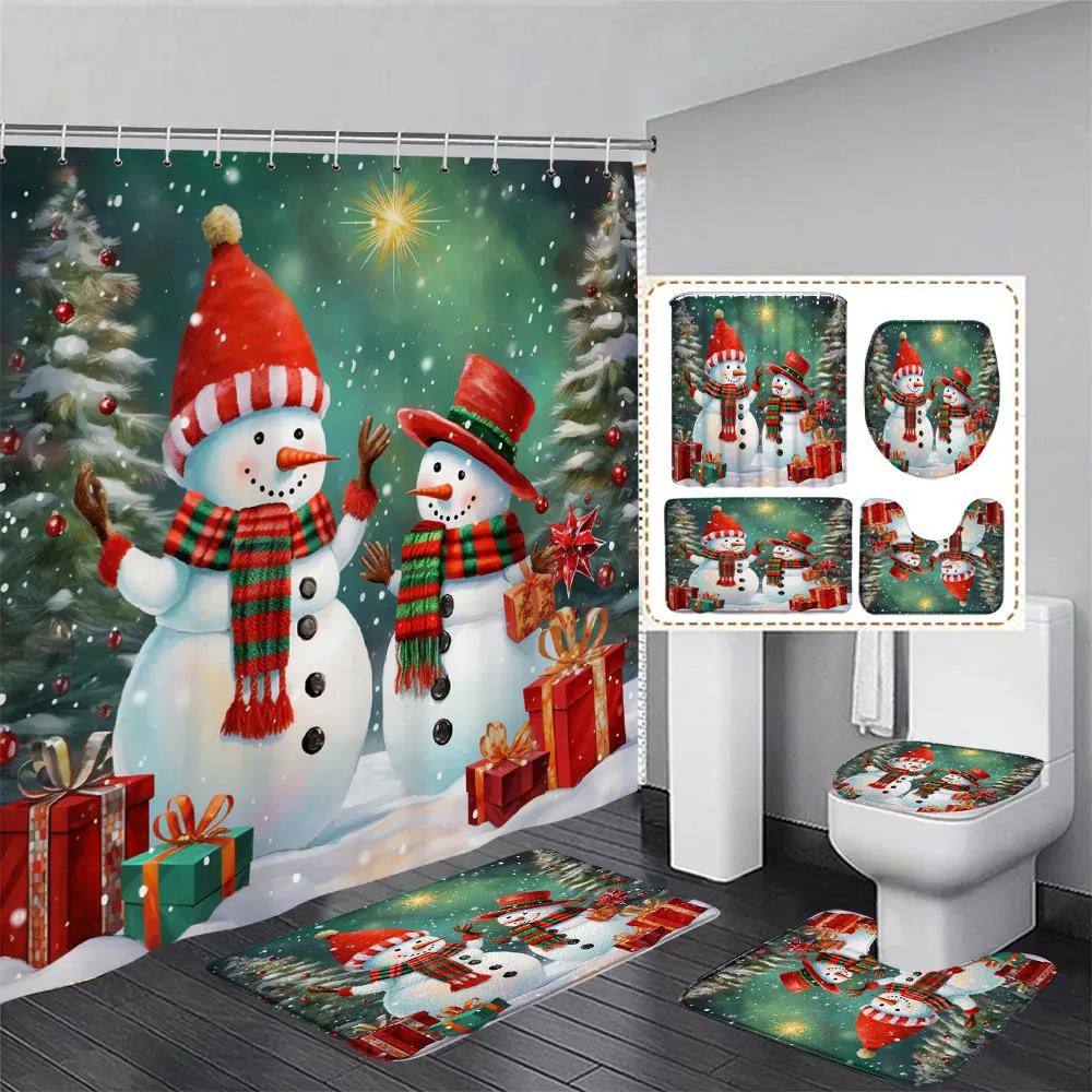 Niedlicher Schneemann-Weihnachts-Duschvorhang-Set, silberne Tannenzweige, Schneeflocken-Weihnachtskugeln, Badezimmer-Dekor, Teppich, Badematte, Toilettendeckelbezug