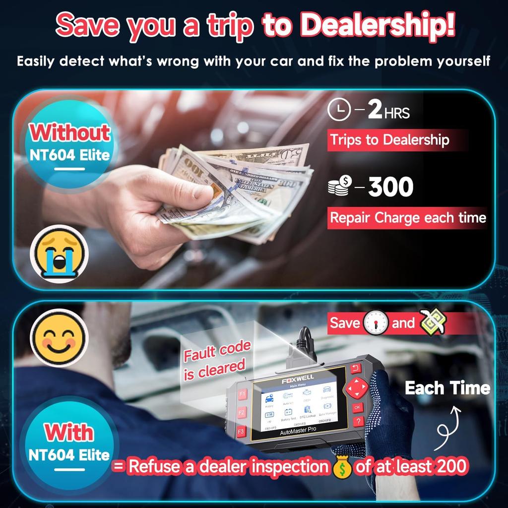 NT604E OBD2 Scanner - All-System Diagnostic Tool for Cars & Trucks, Check Engine, ABS, Airbag, Transmission, AutoVIN