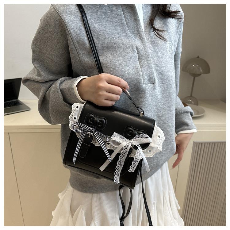 Faux Leather Flap Square Shoulder Bag for Women with Lace Bow Knot Trendy Casual Crossbody Purse