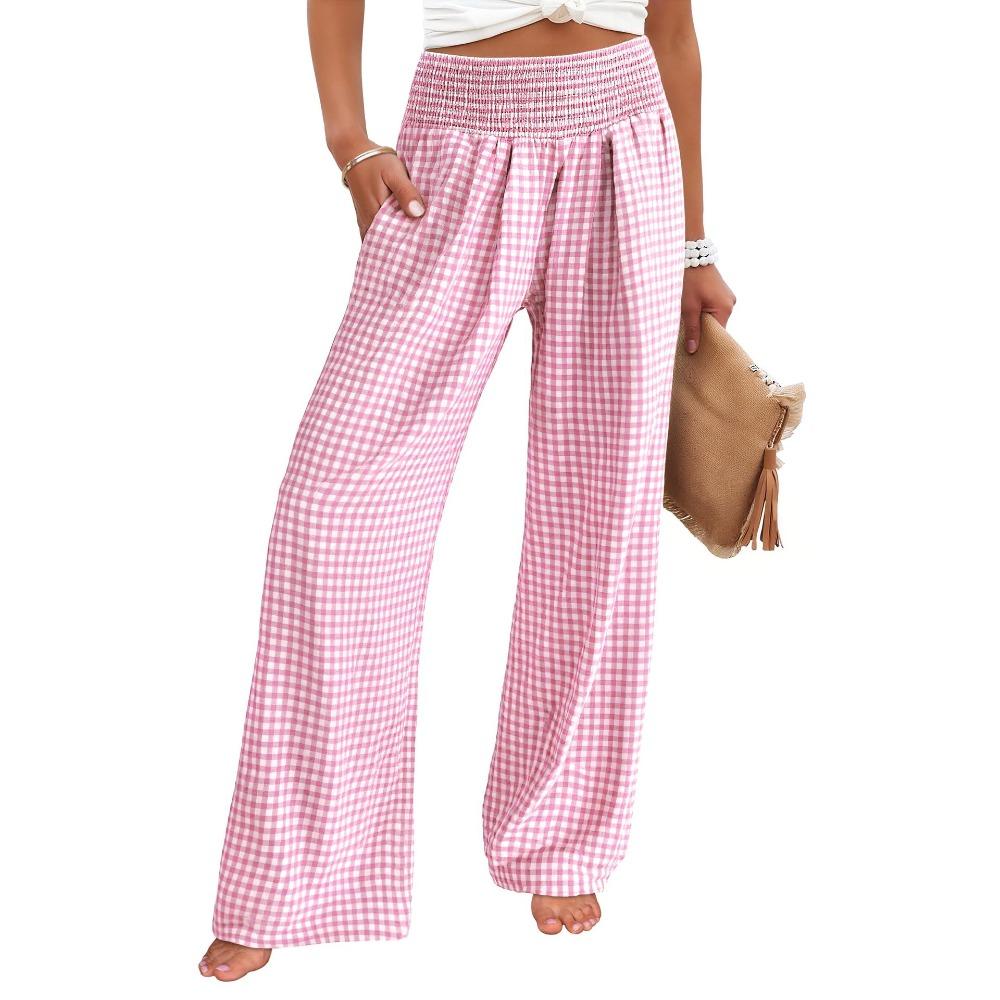 Plaid Wide-leg Pants, High-waisted, Slimming, Fashionable and Casual, Stretched-waist Pocket Trousers