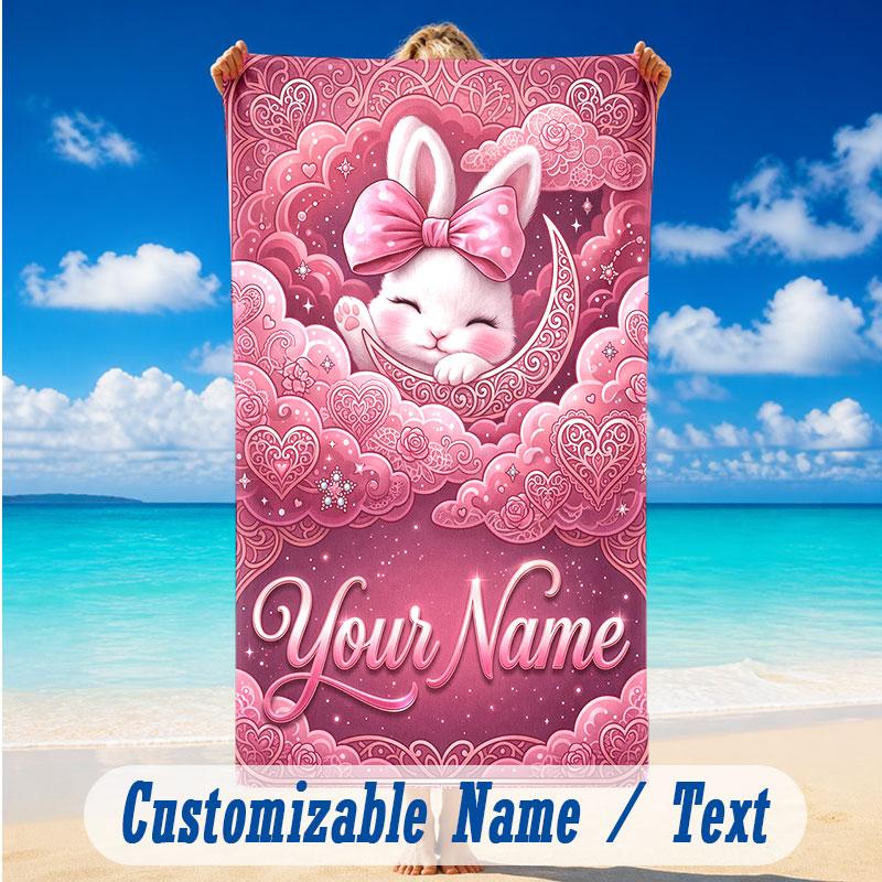 Easter Bunny Theme Beach Towel Personalized Custom Name & Text Soft Quick Dry Beach Towel for Swimming Travel