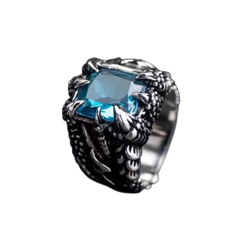 Gothic Blue and Red Crystal Zircon Evil Demon Dragon Claw Ring for Men Gram Biker Punk Rock Hip Hop Opening Rings Cool Jewelry