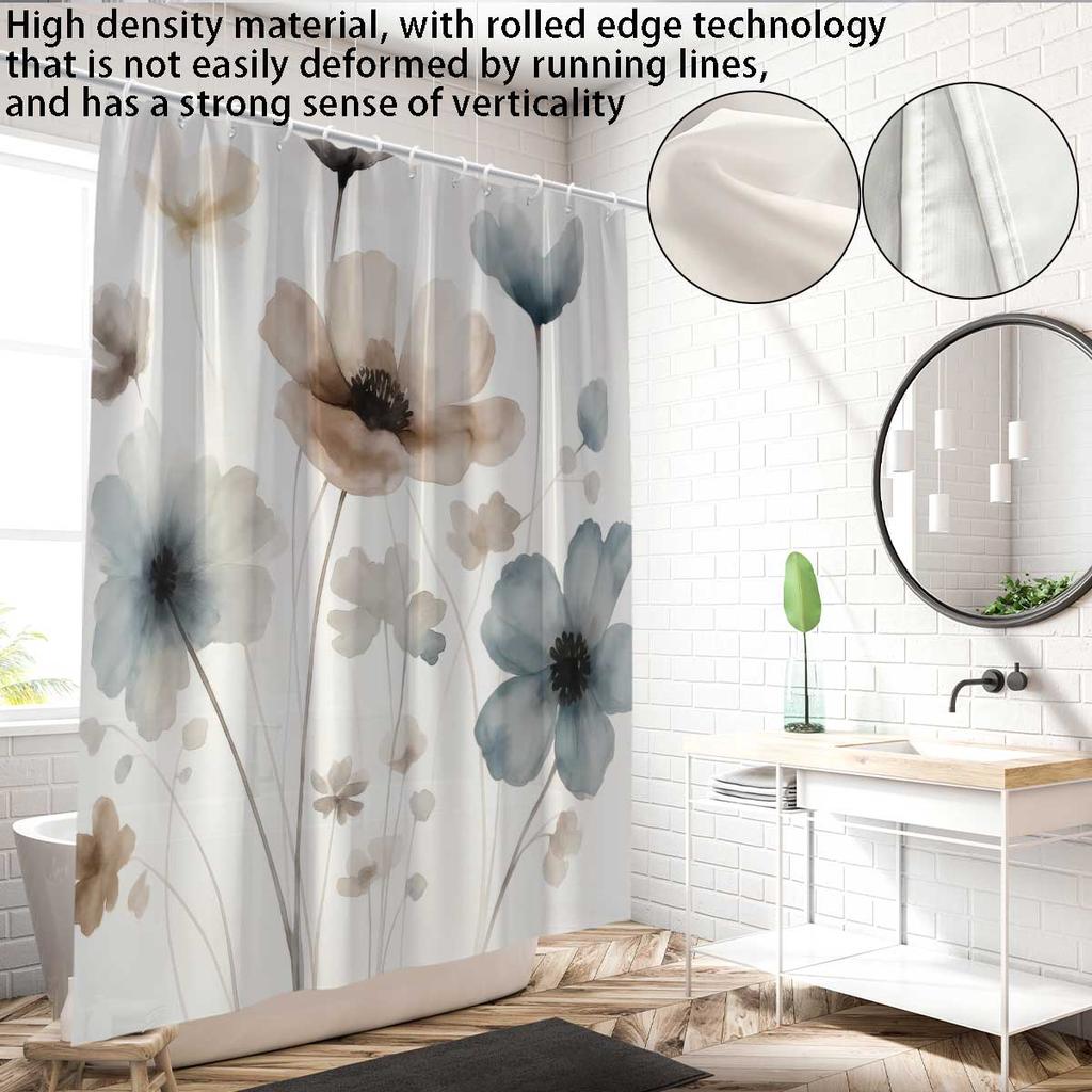 1Pc Elegant Floral Print Shower Curtain Set With Hooks,Watercolor Flower Design, Lightweight Polyester,All-Season Bathroom Decor
