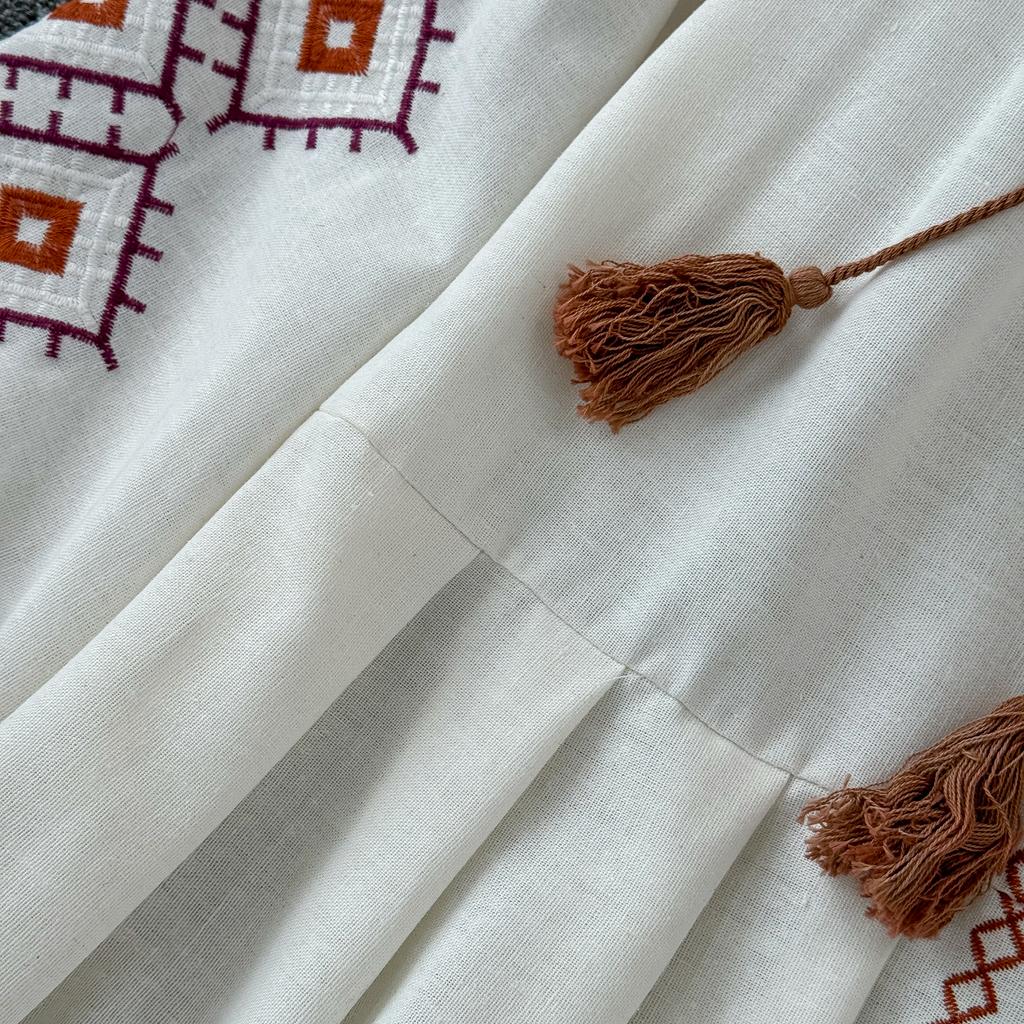 Bohemian Dress Women 2024 O Neck Ethnic Style Embroidery A-line Vestidos Retro French Chic Folds Dresses Summer Dropshipping
