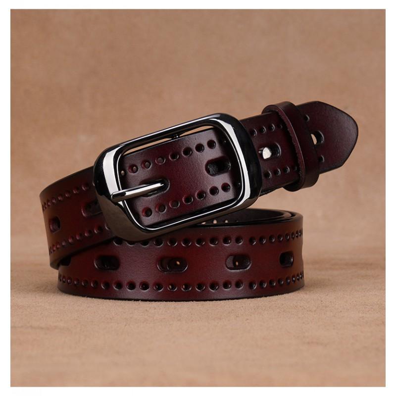 Womens Genuine Leather Belt With Hollow Design Slim Width 2-4cm Adjustable Length Black Coffee Business Casual Pants Jeans