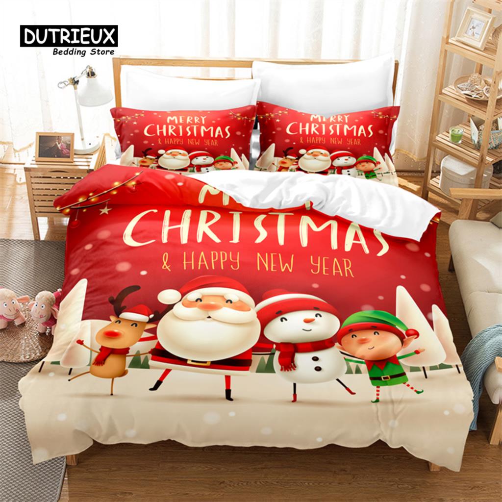 3D Digital Printing Christmas Bedding Set, Merry Christmas Duvet Cover, Linen, Queen Size, Fashion Design