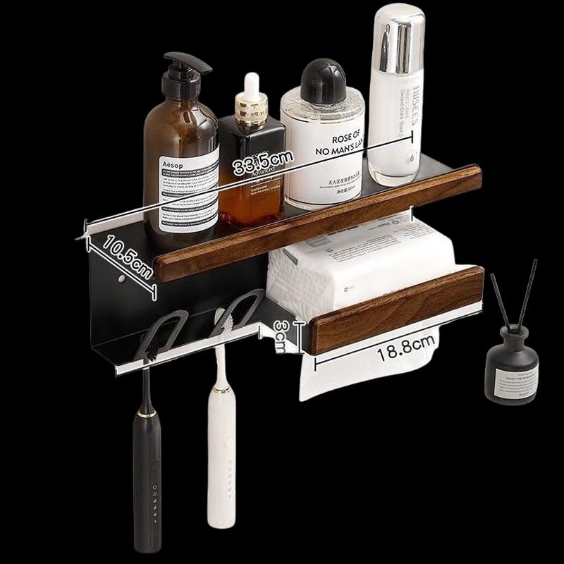 Punch-Free Black Walnut Bathroom Organizer with Toothbrush Cups