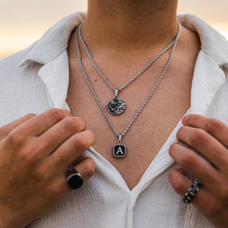 Square A-Z Initial Letters Necklaces for Men Boys,Stainless Steel Geometric Pendant with Box Rope Chain Collar,Gift Jewelry