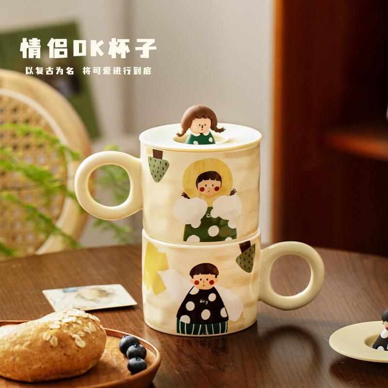 Retro Boy And Girl Couple Water Cup Ceramic Cup With Lid Pair Couple Breakfast Cup Coffee Cup