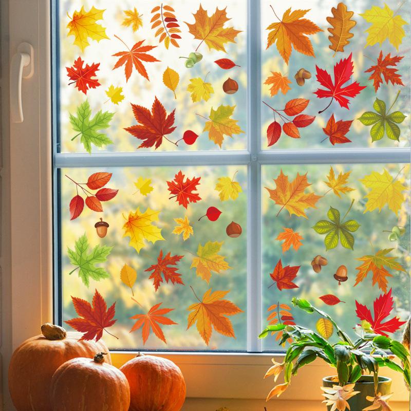 Autumn Deciduous Maple Leaf Window Stickers Thanksgiving Stickers Autumn Party Home Decoration Glass Doors And Windows Stickers Self-Adhesive