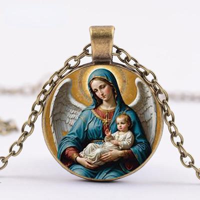 Virgin Mary Mother of Jesus Pendant Necklace, Christian Time Gem Pendant
