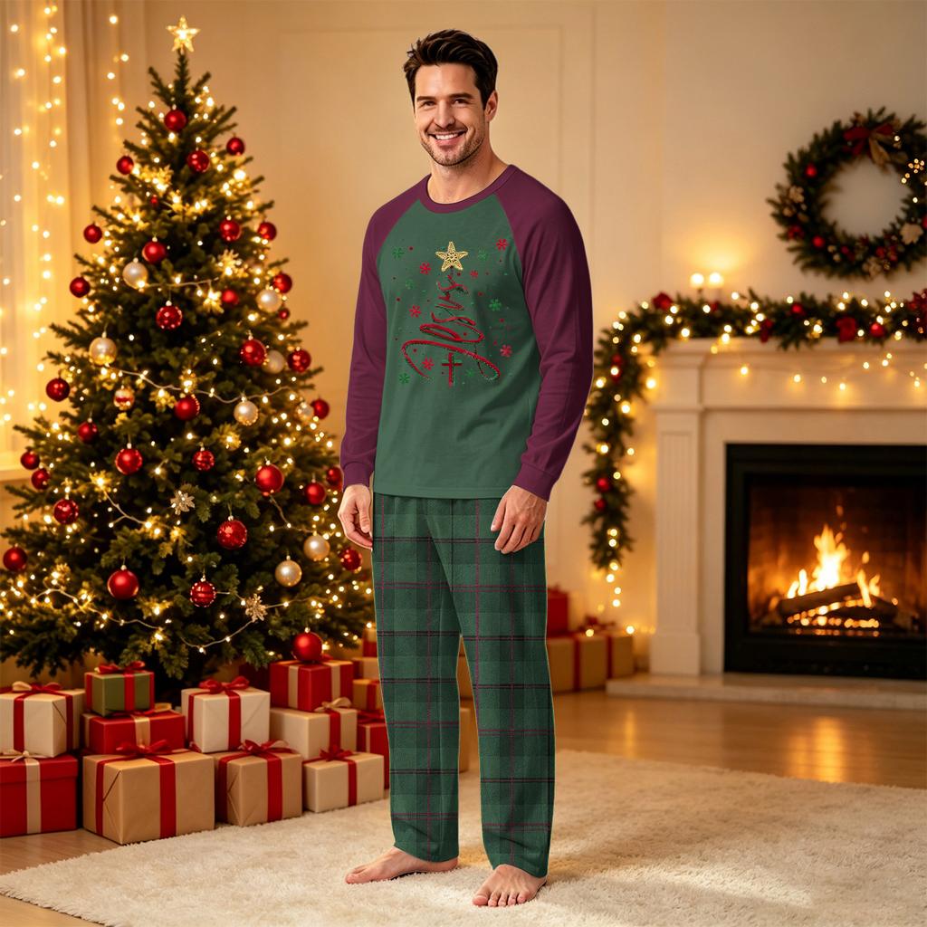 Family Matching Christmas Pajama Set with Long Sleeve Neck Top and Pants for Kids and Adults